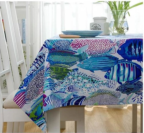 Kalınlaşmak Pamuk Keten Masa Örtüsü Mavi Akdeniz Karikatür Renkli Tropikal Balık Okyanus Kapak Masa Örtüsü Düğün Çay Masası İçin Masa Örtüleri 115 X 145