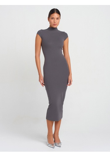 Dilvin 91296 Dik Yaka Midi Elbise Füme
