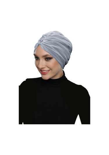 Dizayn Tüllü Kristal Taş İşlemeli Çift Taraflı Astarlı Gri Hazır Türban Tesettür Abiye Bone Gri