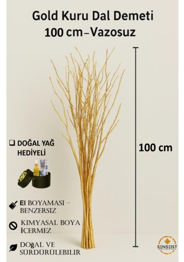 Gerçek Kurutulmuş Ağaç Dalı Demeti Gold El Boyaması 100 Cm