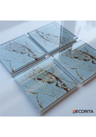 Cam Bardak Altlığı 4'lü Takım Gold Detaylı Beyaz Mermer Görünüm Beyaz