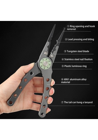 Mufunye Gri Işıklı Balıkçı Pensi - Çelik Tungstenlı Çok Fonksiyonlu İp Kesici, İğne Çıkarıcı Alüminyum Araç