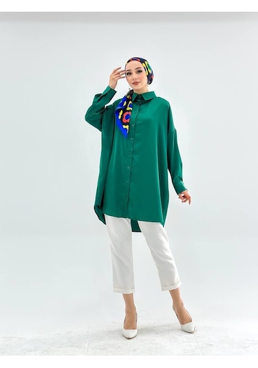 Vioshine Vıoshıne Kadın Oversize Saten Gömlek-yeşil Yeşil