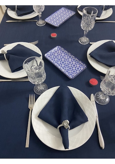 Keten Görünümlü Begonvil Masa Örtüsü Lacivert 25 Parça Set