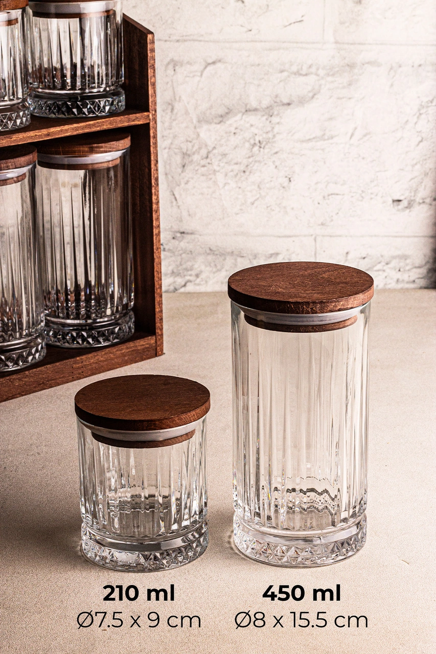 Mira Mix - 8'li Ahşap Standlı Vakumlu Ahşap Kapaklı Cam Baharatlık Takımı Saklama Kabı Seti Ahşap