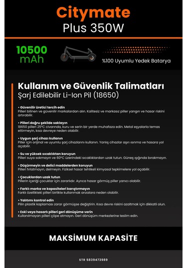 Citymate Plus 350w / 36v 10500mAh Elektrikli Scooter Bataryası