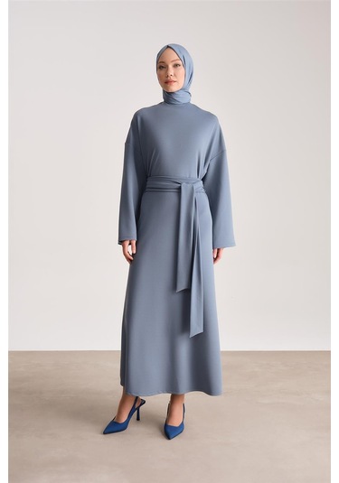 Armine Örme Beli Çift Bağlamalı Elbise Ort9727 İndigo Mavi