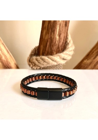 %100 Deri&hematit&çelik Kombinli Erkek Bileklik Boyut Net 21cm Siyah - Kahverengi