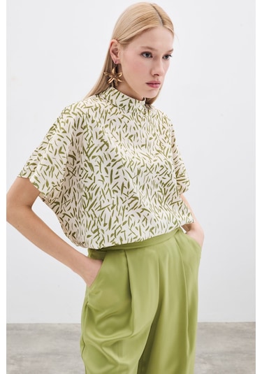 Sateen Yarasa Kol Desenli Bluz - Yağ Yeşili-135739 Yağ Yeşili