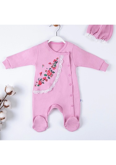 Candar 3-9 Ay Kız Bebek Tulumu Çiçek Nakışlı Şapkalı Pembe Pembe