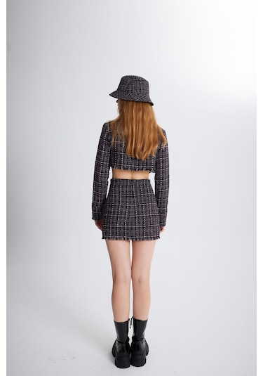 Holly Lolly Tüvit Kumaş Mini Tweed Etek Siyah
