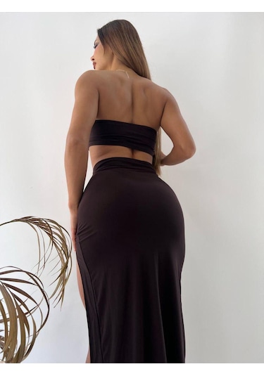 Pink Life Koyu Kahve Sandy Kumaş Tokalı Büstiyer Ve Etekli-Koyu Kahve Koyu Kahverengi