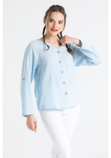 Uzun Kol Müslin Sedef Gömlek Buz Mavi Bmv-buz Mavi Buz Mavi