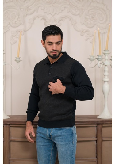 Woolen World Polo Yaka Cepli Armürlü Yünlü Erkek Triko Kazak Lacivert