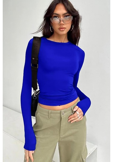 Madmext Saks Bisiklet Yaka Basic Uzun Kollu Bluz Mg1701