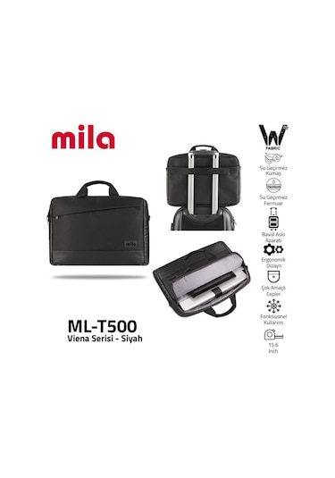 Mila ML-T500 Viena Serisi 15.6" Su Geçirmez Kumaş, Laptop ,Notebook Taşıma Çantası -Siyah