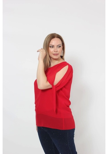 3173k Kırmızı Kolu Bağlama Detaylı Bluz Kırmızı