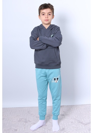 Erkek Çocuk Kapşonlu Eşofman Takımı Mickey Mouse Sırt Baskılı Ribanalı F3 Turkuaz