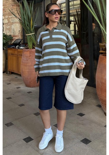 Haki Polo Yaka Çizgili Kadın Triko Kazak Mg2469 Haki