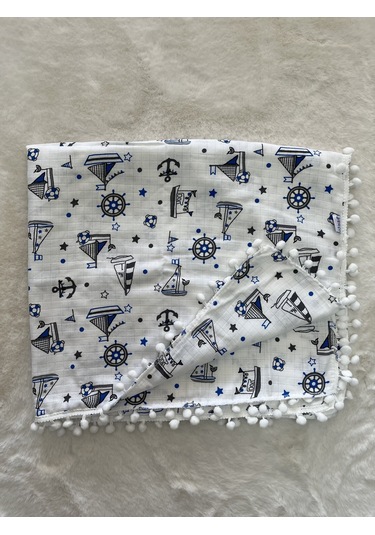 Gemili Çif Kat Ponponlu Müslin Örtü Ekru