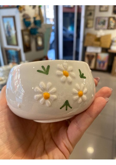 Seramik El Yapımı Fincan Takımı 2'li Set Üçlü Papatya Desenli Beyaz - Sarı