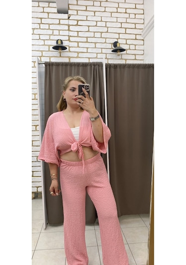 Tuba Toptaş Bağlamalı Gofre Bluz Pembe