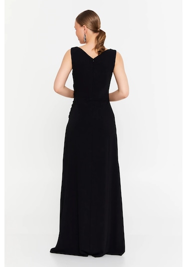 Doridorca Kadın Kolsuz Balık Form Abiye Elbise 7013 Siyah Siyah