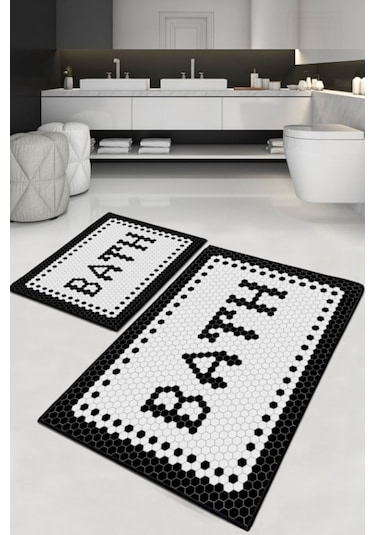 Decomia Home Black Bath DC 8034 Yıkanabilir Banyo Halısı Paspası Klozet Takımı 2'li 60x40 Beyaz - Siyah