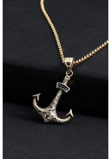 14 Ayar Altın El Yapımı Taşlı Tasarım Çapa Kolye