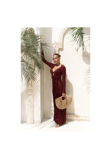 Anandra Boncuk Detay Bordo Triko Uzun Elbise Bordo