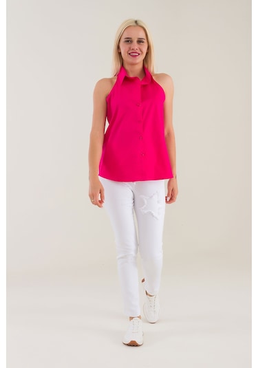 Bold & Young Kadın Fuşya Kolsuz Omuz Açık Likralı Poplin Gömlek 9208 Fuşya
