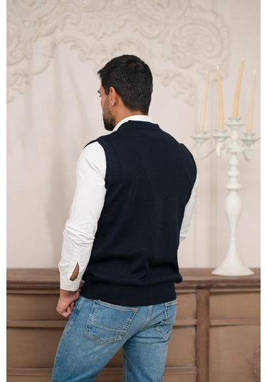 Woolen World Regular Fit Ön Cepli Kolsuz Erkek Triko Yelek Lacivert