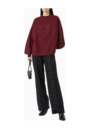 Rotate Birger Christensen Bordo Organik Kot Nakışlı, Oversize Kadın Sweatshirt