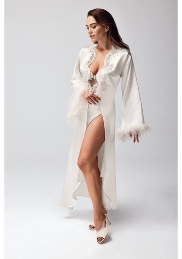 Freshness 9950-gs Saten Ortişli Gecelik Sabahlık Takım - Ekru - L Ekru