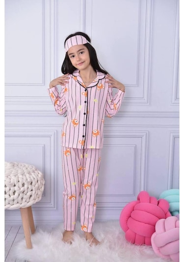 Kız Çocuk Düğmeli Ayıcık Desenli Uzun Kollu Pijama Takımı-988 Pembe