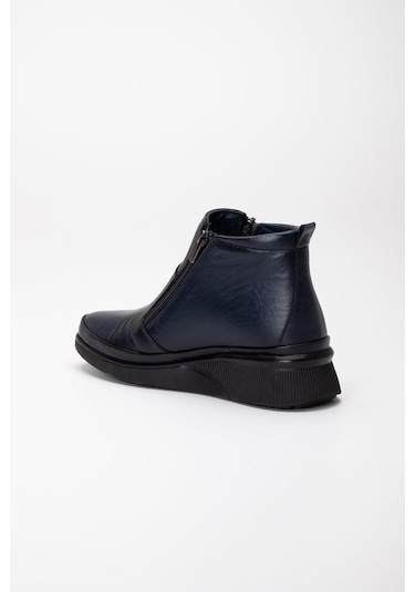 Hakiki Deri Ortopedik Kadın Bot Lacivert 2 Fermuarlı Dolgu Tabanlı-3297 Lacivert