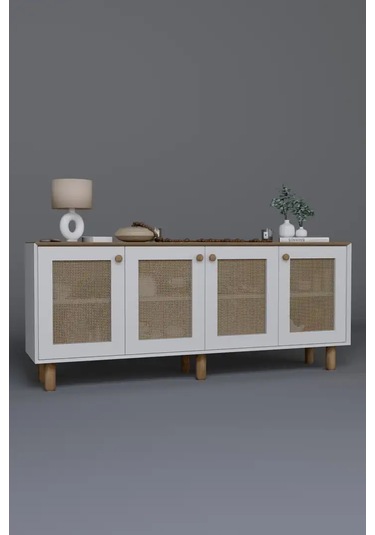 Bohem Serisi Natura Pvc Hasır Desen Mat Beyaz - Açık Ceviz Konsol Açık Ceviz & Beyaz