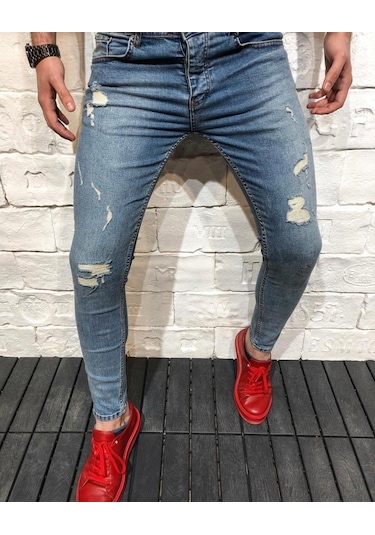 Oliggopol Likralı Dar Paça Erkek Kot Pantolon Mavi