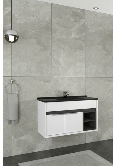 Napoli 85 Cm Siyah Lavabolu Alt Modül - Beyaz Antrasit Beyaz - Antrasit
