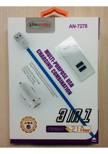 3ın1 Araç Şarjı + Duvar Şarjı + İphone Uyumlu Şarj Kablosu An-7278 Nt