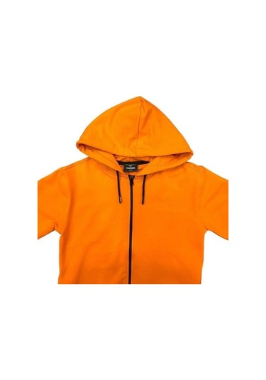 Erkek Çocuk Kapüşonlu Fermuarlı Pamuklu Hırka-15355 Turuncu