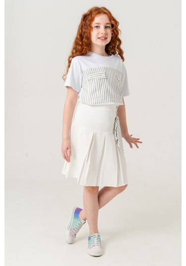 Kız Çocuk Pileli Keten Etek 2957 Beyaz