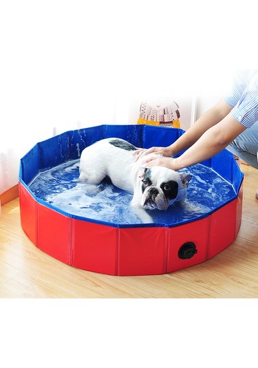 Vkemall Küçük Evcil Hayvanlar İçin Çekirdekli Katlanabilir Banyo Havuzu - 60cm Çap X 20cm Yükseklik, Pvc Malzeme, Su Çıkarma Kanalı, Kırmızı-mavi Renk