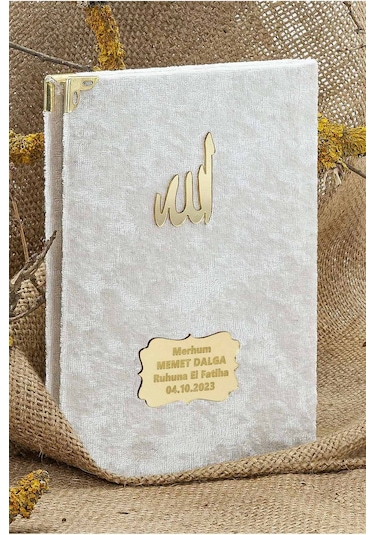 25 Adet - İsme Özel Kadife Kaplı Yasin Kitabı - Mevlüt Hediyesi - Çanta Boy - 128 Sayfa - Beyaz Beyaz