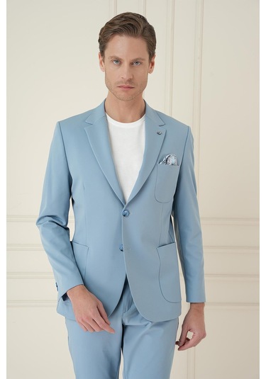 Slim Fit Mono Yaka Çift Yırtmaç Torba Cep Casual Havacı Mavi Ceket C 697 Mavi