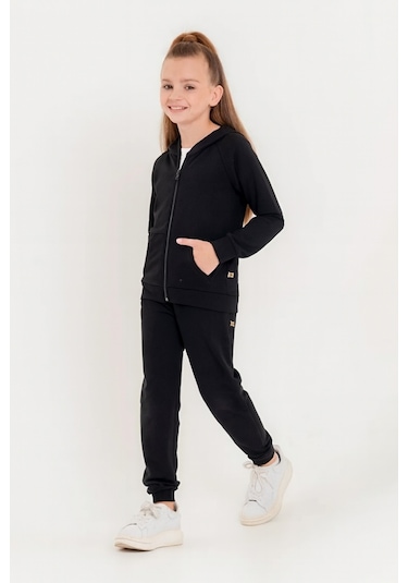 Kız - Erkek Çocuk Basic Fermuarlı Okul Eşofman Takımı Ak0785 Siyah
