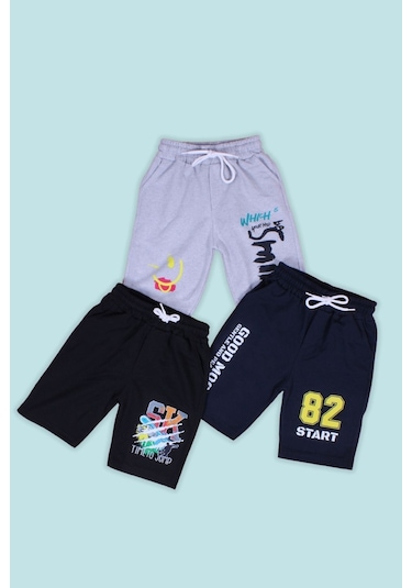 Panios Kids 3'lü Smile-sk-82 Start Baskılı Erkek Çocuk Çift Cepli Gri-siyah-lacivert Şort Çok Renkli
