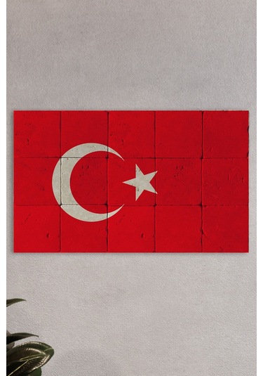 Doğal Taş Türk Bayrağı Tablo - Duvar Dekoru, Ofis Tablosu, Salon Tablosu 50x30cm Ay Yıldız Tablo