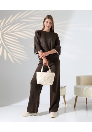 İnci Volanlı Kol Detaylı Triko Takım Kahverengi