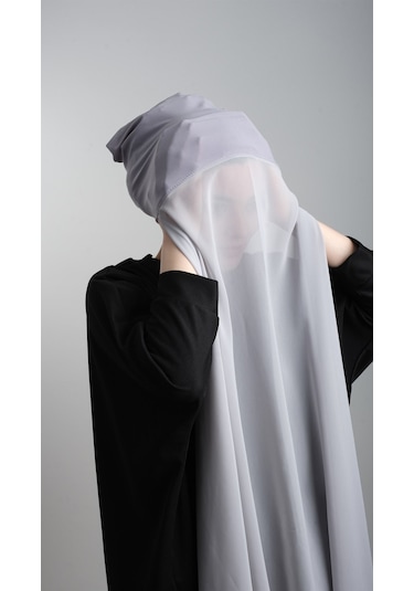 Gri Pratik Hazır Geçmeli Şal Şifon Boru Boneli 3001_15